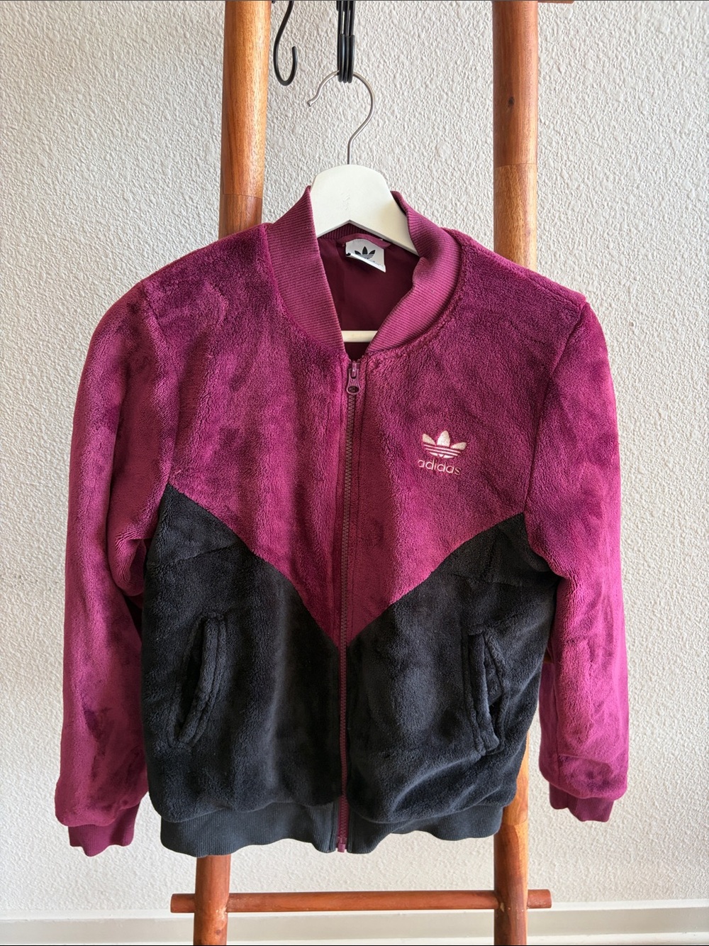 ADIDAS Vintage Teddy Bear Bomber Jacket in Magenta and Black